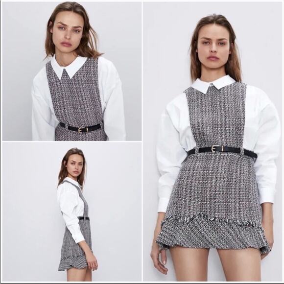 NWT Zara Combination Pinafore Belted Tweed Dress XL - Picture 2 of 10